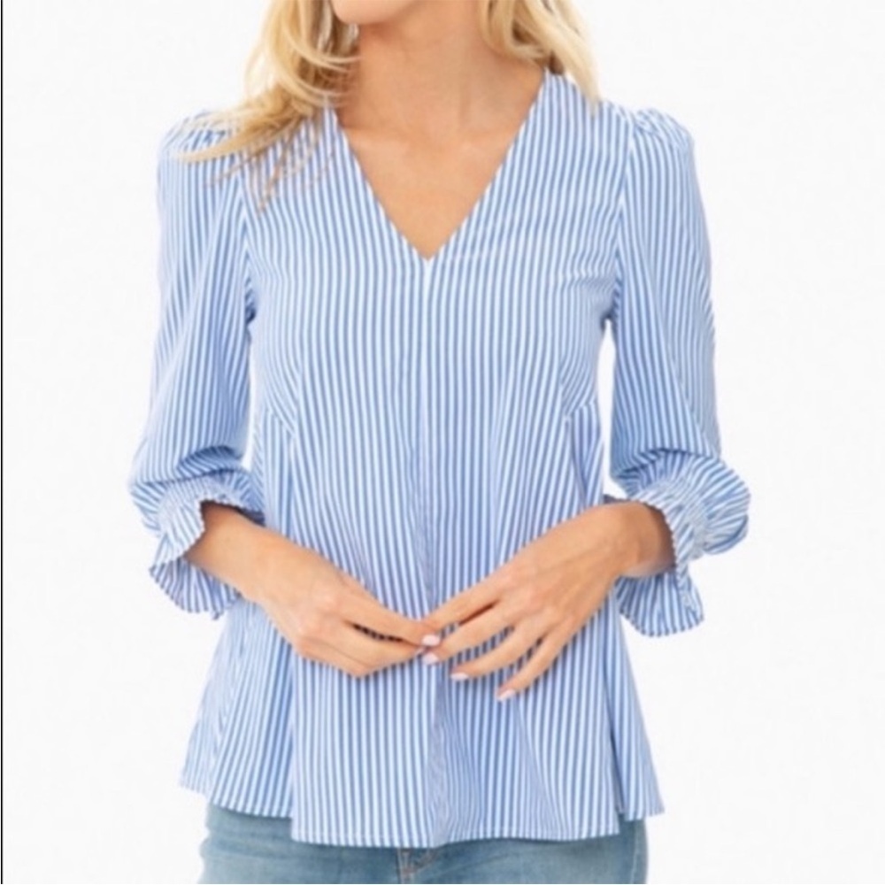 Tuckernuck Easton Blue And White Stripe Puff Sleeve Blouse New Size Small - Picture 2 of 12
